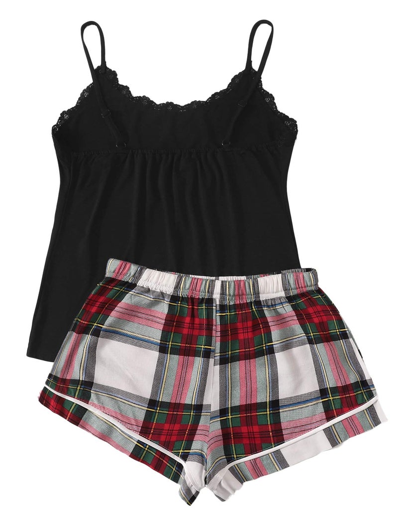 SweatyRocks Women's Sleepwear Set Plaid Print Cami Top and Elastic Waist Short Pajama Set Multicolor Medium - Image 2